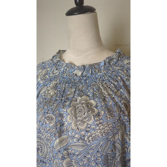Blue Floral Smocked Neck Peasant Blouse  Boho Cottagecore Long Sleeve Top - Picture 2 of 8